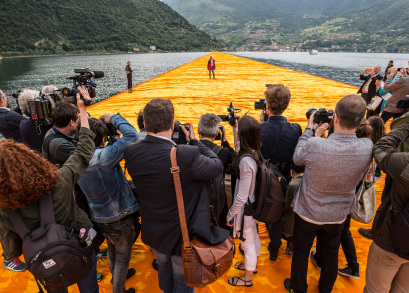 Christo in a scene from <i>Walking on Water</i>, courtesy Kino Lorber
