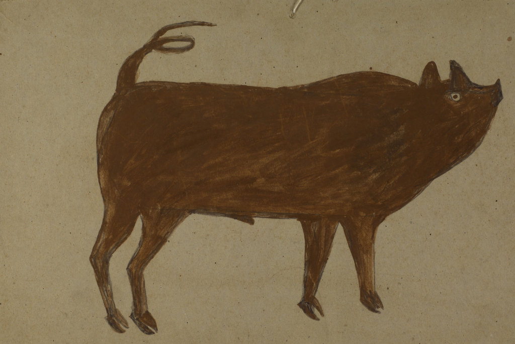 Untitled (Pig with Corkscrew Tail) by Bill Traylor from the collection of the Smithsonian American Art Museum, Gift of Chuck and Jan Rosenak @1994 Bill Traylor Family Trust