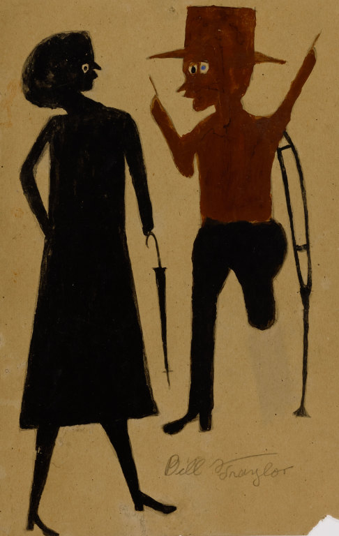 Untitled (Woman with Umbrella and Man on Crutch) by Bill Traylor from the collection of the Smithsonian American Art Museum @1994 Bill Traylor Family Trust