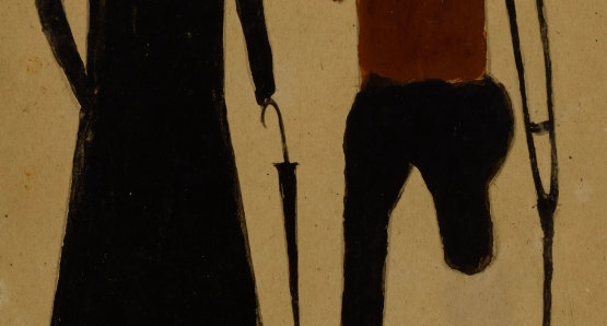 Untitled (Woman with Umbrella and Man on Crutch) by Bill Traylor from the collection of the Smithsonian American Art Museum @1994 Bill Traylor Family Trust