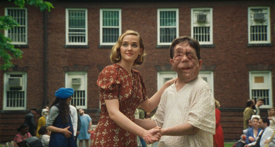 Jess Weixler and Adam Pearson in a scene from <i>Chained for Life</i>, courtesy Kino Lorber