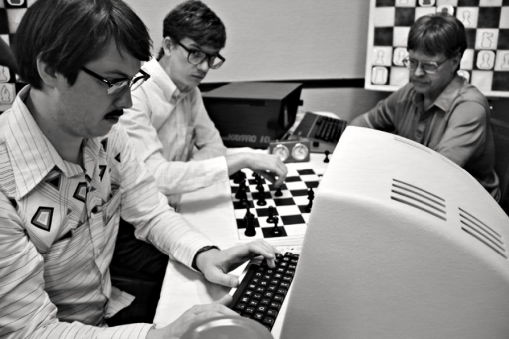 Wiley Wiggins as Martin Beuscher and Patrick Riester as Peter Bishton in COMPUTER CHESS, a film by Andrew Bujalski.