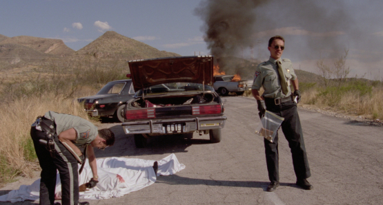 Bruno Bichir as Anibal and Roberto Sosa as Pedro in Alex Cox's HIGHWAY PATROLMAN.