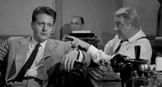 Jean Desailly, Andre Valmy, and Jean Gabin in MAIGRET SETS A TRAP.