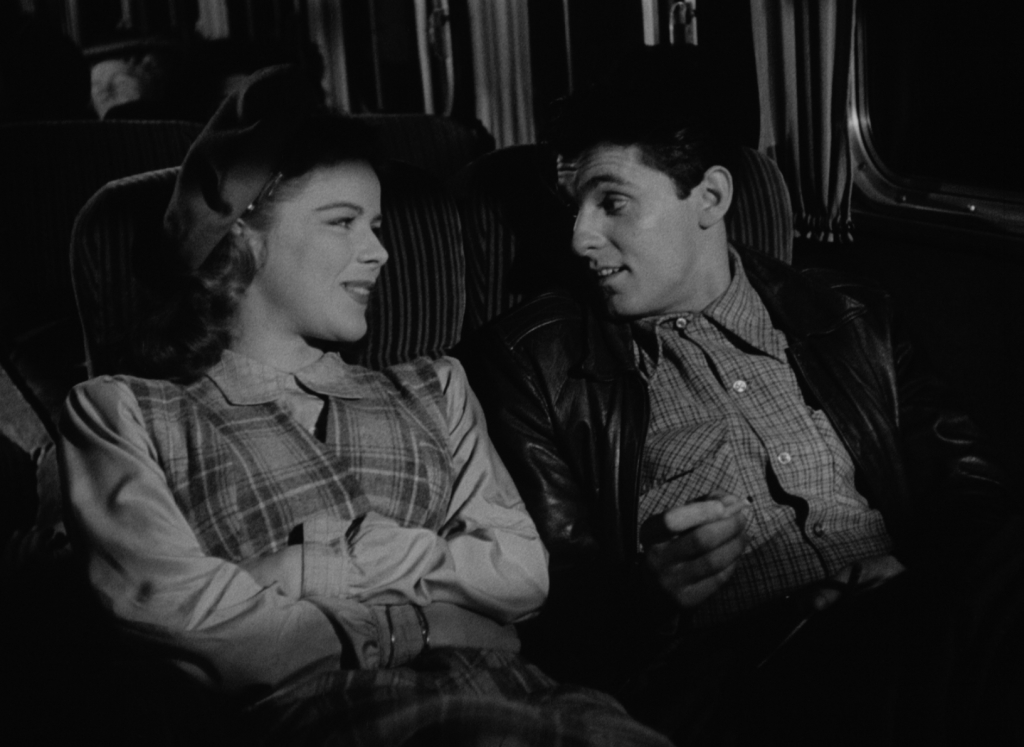 Sally (Sally Forrest) and Drew (Keefe Brasselle) meet cute on a long-distance bus trip in Ida Lupino's NOT WANTED.