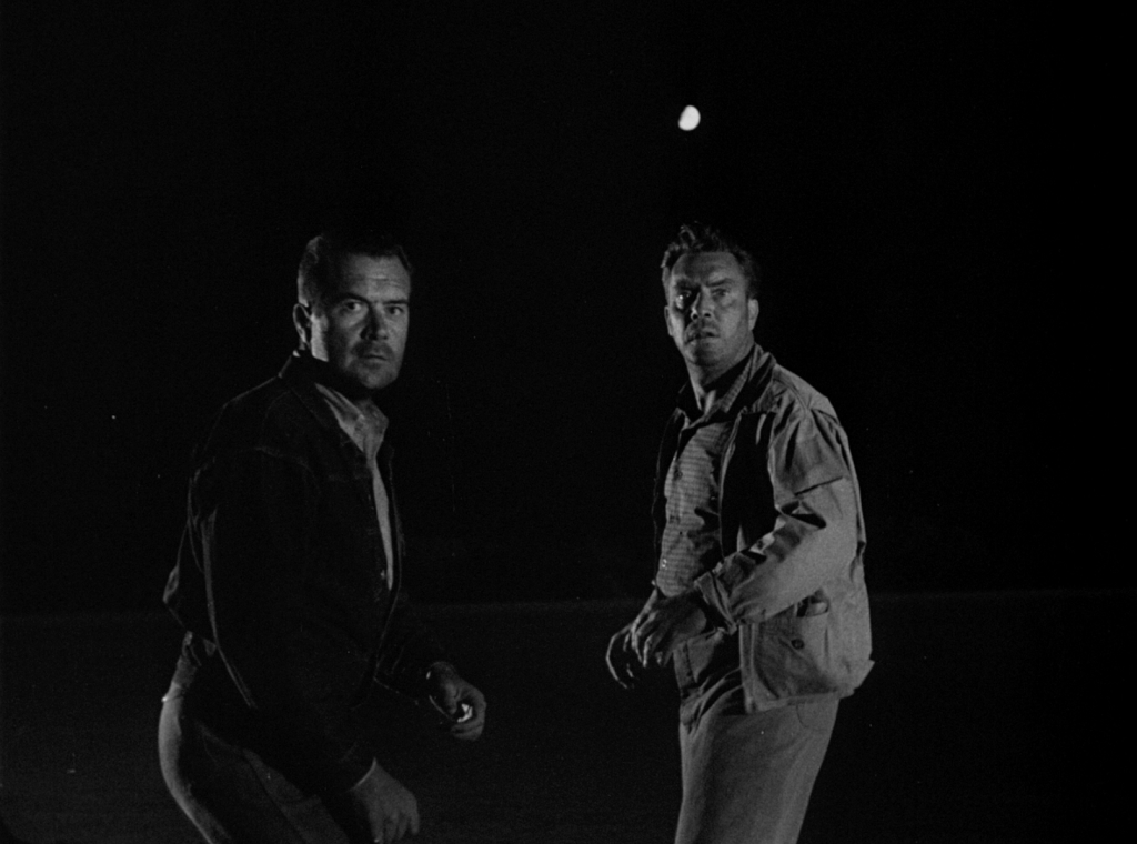 A fraught moment for Frank Lovejoy and Edmund O'Brien in Ida Lupino's THE HITCH-HIKER.