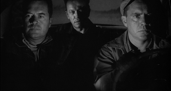 Good pals Frank Lovejoy and Edmund O'Brien have their fishing expedition interrupted by trigger-happy William Talman in Ida Lupino's THE HITCH-HIKER.